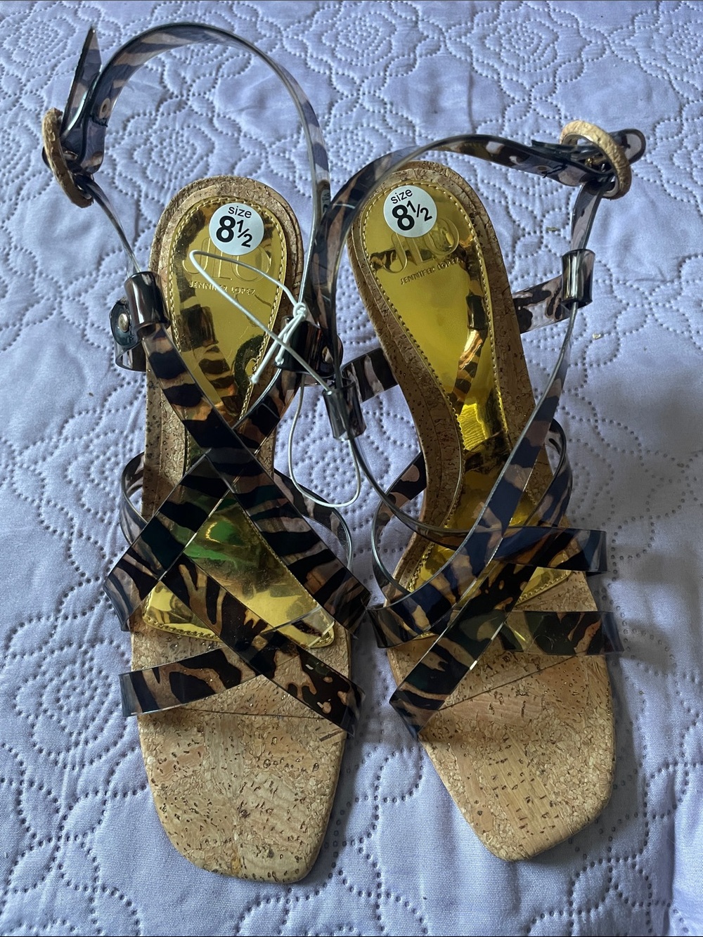 J. Lo Leopard-Print Clear Strap Cork Wedge Sandals with Gold Insole